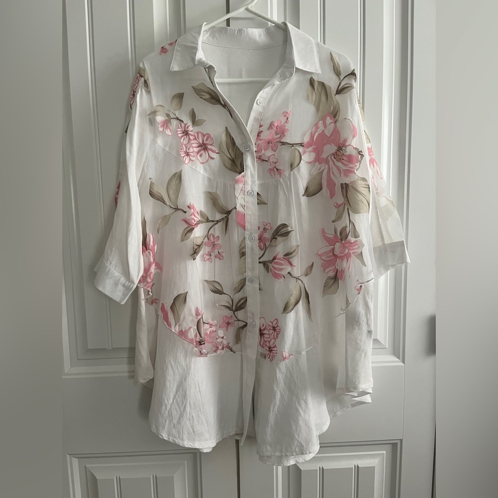 Japanese Long Shirt Layered Tunic Linen White Pink Grey Large